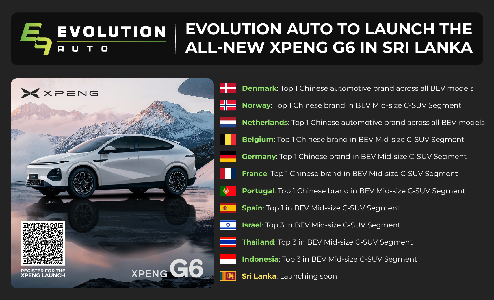 Evolution Auto to Launch the All-New XPENG G6 in Sri Lanka, Introducing a Global Alternative to the Tesla Model Y